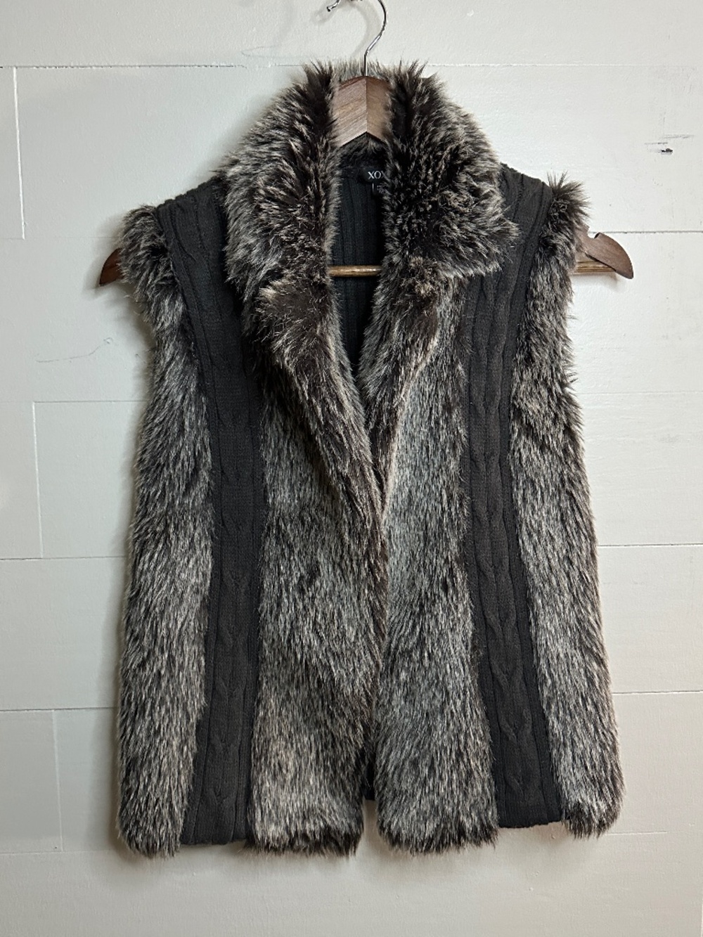 XOXO Faux Fur Black and Gray Knit Trim Vest Size Medium